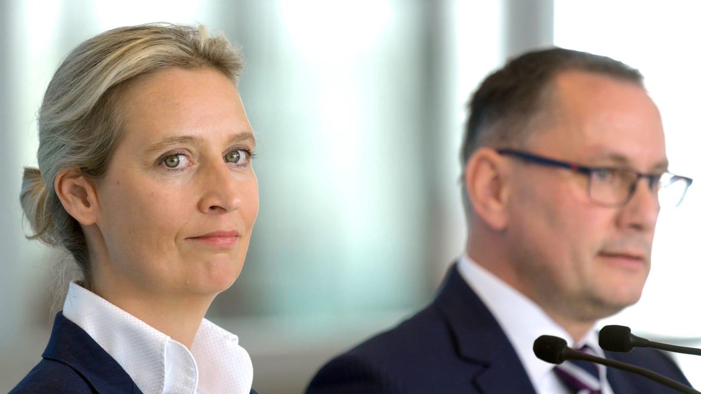 Alice Weidel und Tino Chrupalla im Hintergrund (Archivbild): Die AfD will eine Volksabstimmung darüber, ob Deutschland in der EU bleibt.