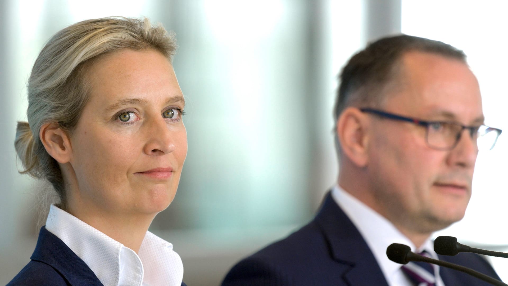 Alice Weidel und Tino Chrupalla im Hintergrund (Archivbild): Die AfD will eine Volksabstimmung darüber, ob Deutschland in der EU bleibt.