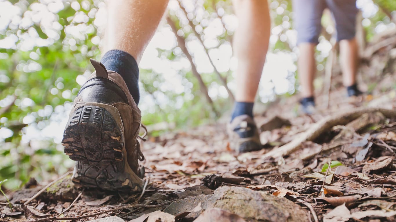 Wanderer auf Waldweg: Rote Flecken an den Beinen können auch mit Hitze zusammenhängen.