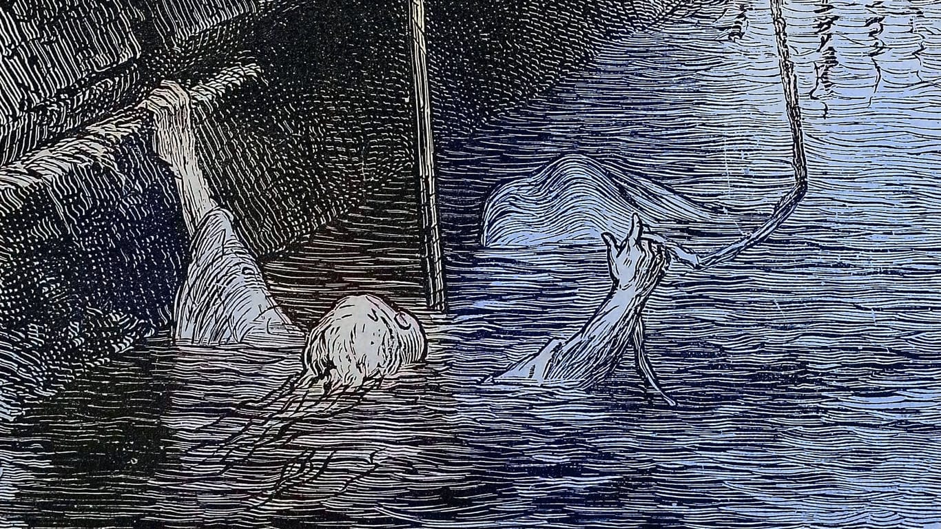 Die Hexenprobe auf dem Wasser als digital restaurierte Reproduktion einer Vorlage aus dem 19. Jahrhundert.