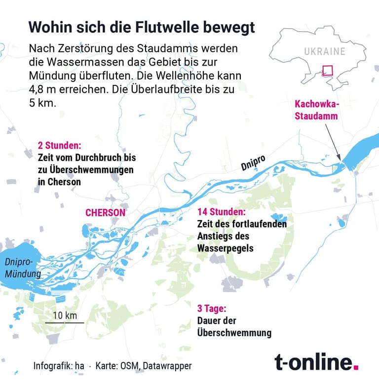 Karte: Wohin sich die Flutwelle nach der Zerstörung des Kachowka-Staudamms bewegt