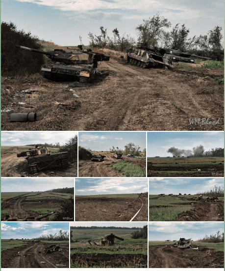 Die Fotos des Minenfelds in der Region Saporischschja zeigen zahlreiche zerstörte Panzer und militärische Begleitfahrzeuge.