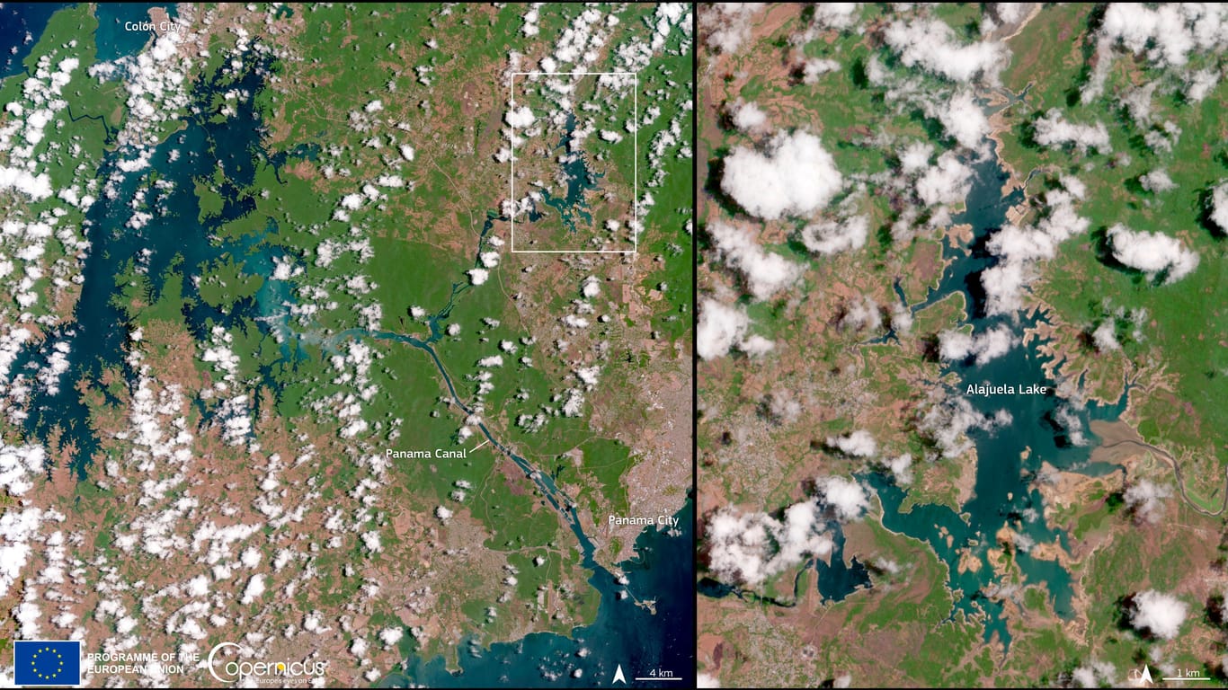Satellitenbild der Sentinel-2-Mission: Der Pegel des Alajuela-Sees (rechts) ist deutlich niedriger als normal.