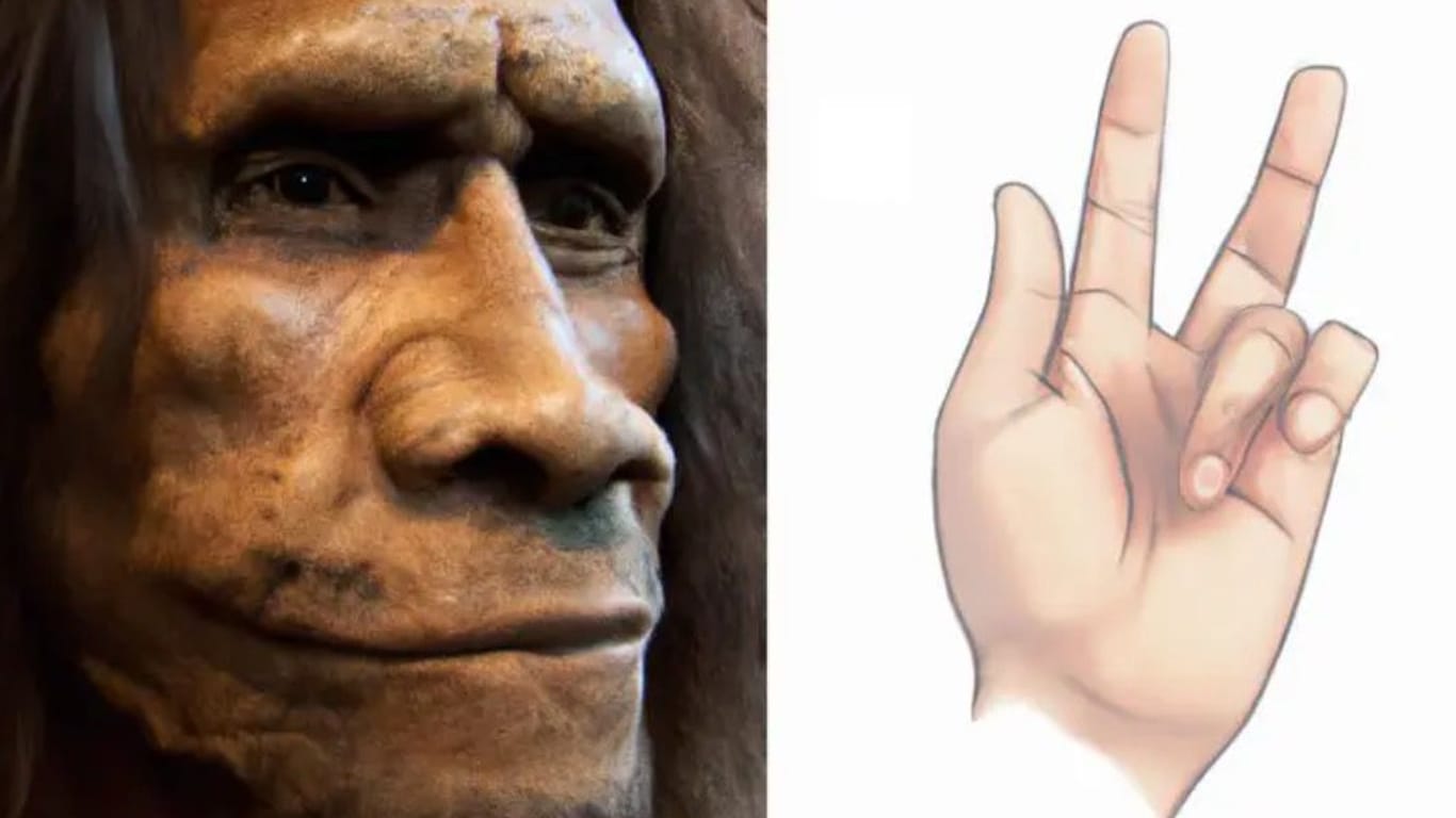 Illustration eines Neandertalers und einer Hand: Von Morbus Dupuytren sind meist der Ringfinger und der kleine Finger betroffen.