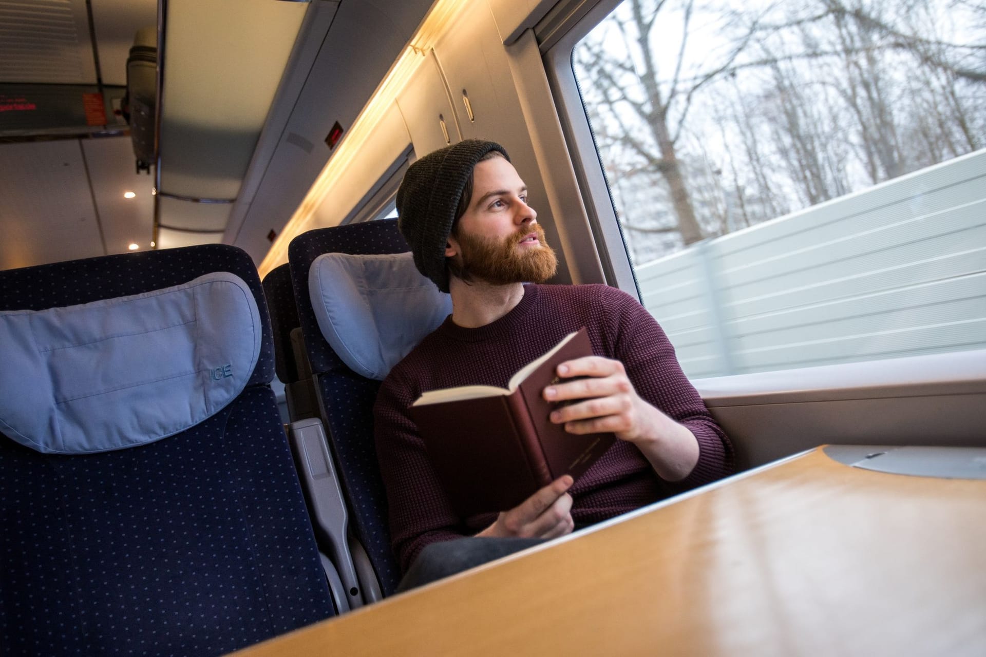 Bahnreisender mit Buch