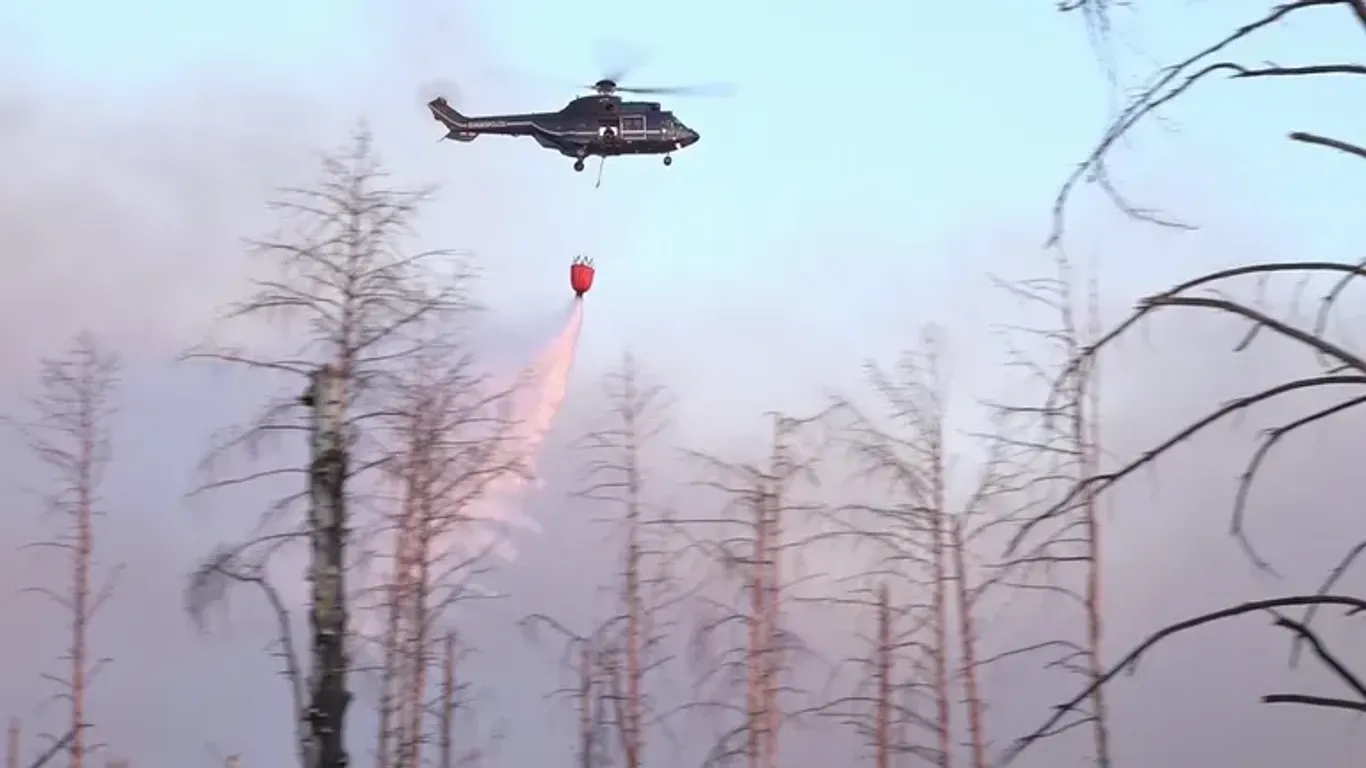 Ein Löschhubschrauber wirft Wasser ab über einem Waldbrand in einem munitionsbelasteten Gebiet.