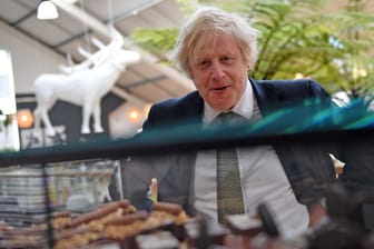 Boris Johnson in einer Konditorei: Sein Geburtstagskuchen löste den "Partygate"-Skandal aus.
