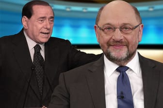 Martin Schulz (r.): Der frühere EU-Parlamentspräsident äußert sich zum Tod von Silvio Berlusconi (l.) mit wenigen Worten. Wohl aus gutem Grund.