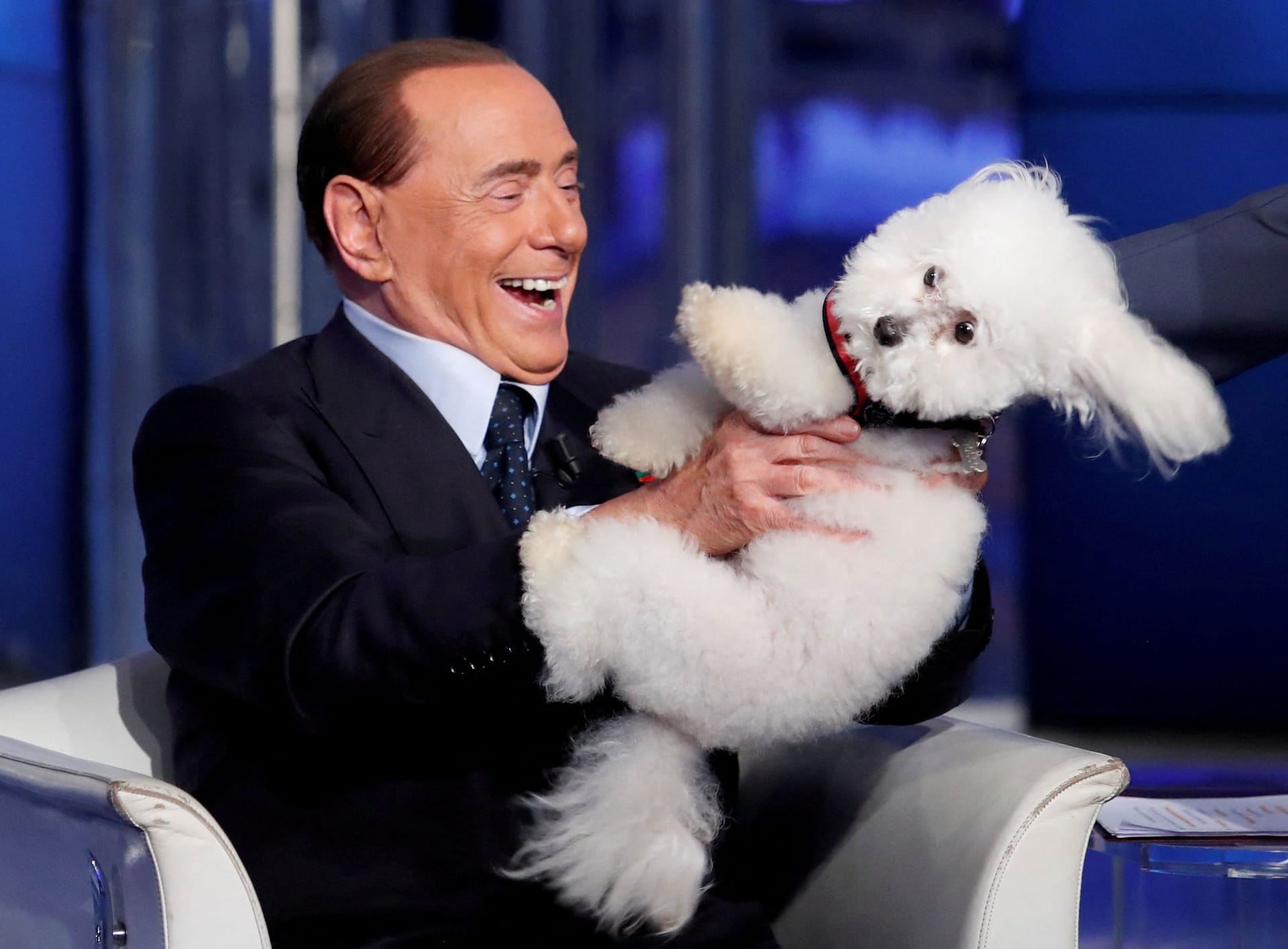 Berlusconi war häufig Gast in italienischen TV-Sendungen und bekannt für populistische Sprüche. Er ließ sich von seinen Anhängern gerne als "Cavaliere" anreden ("Ritter"). Hier spielt er 2017 mit einem Hund in einem TV-Studio.
