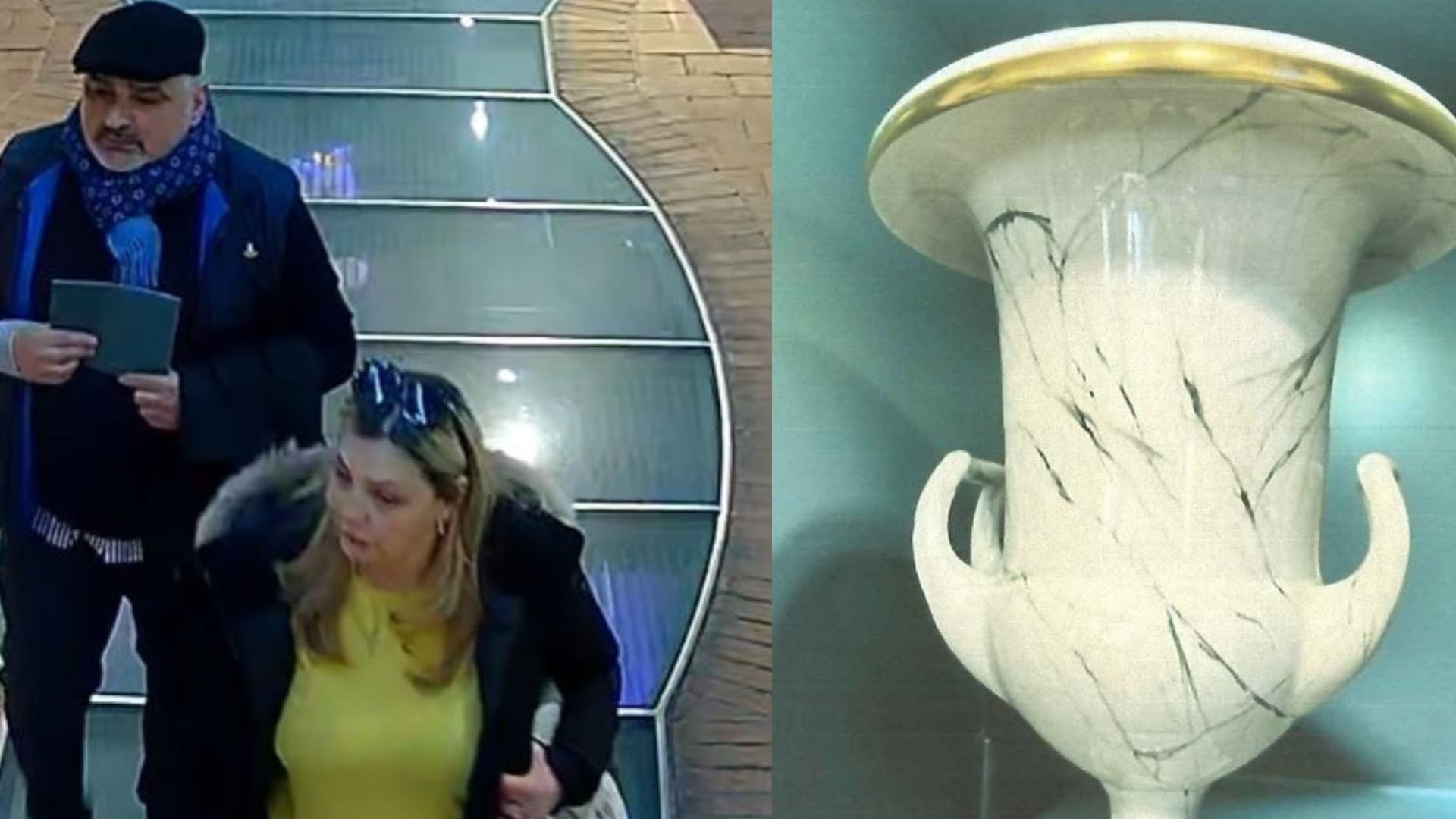 Mann und Frau auf dem Bild einer Überwachungskamera, gestohlene Vase: Mann und Frau auf dem Bild einer Überwachungskamera, gestohlene Vase:
