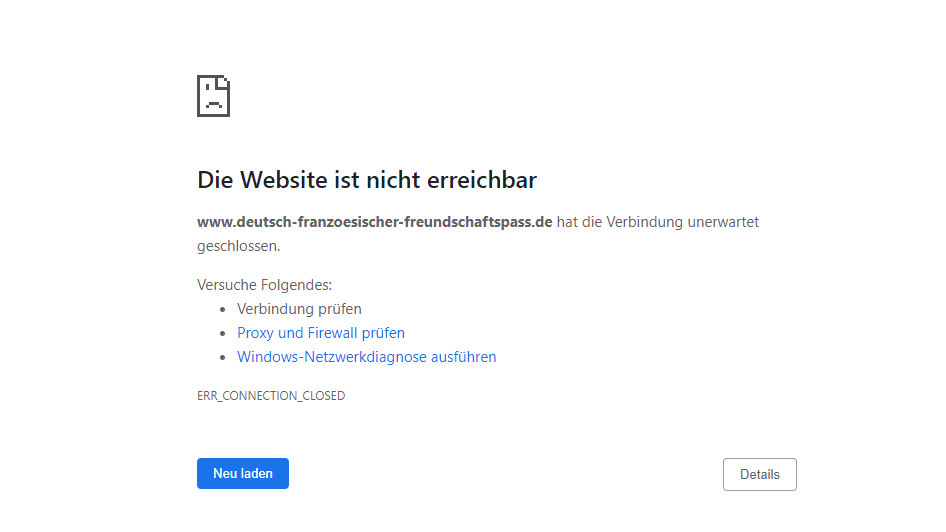 Fehlermeldung: Aktuell ist die Seite des Freundschaftspasses nicht erreichbar.