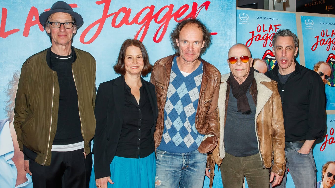 Christian Flake Lorenz (Rammstein), Heike Fink, Olaf Schubert, Toni Krahl (City) und Alexander Schubert bei der Filmpremiere zu Olaf Jagger.