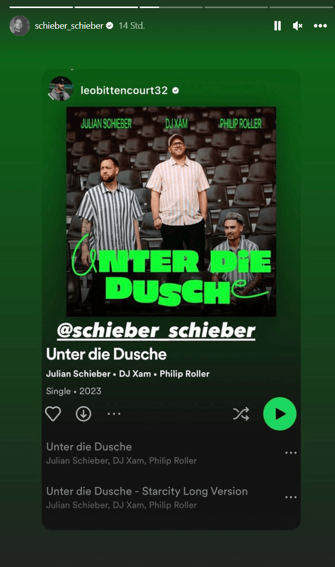 Die Instagram-Story von Julian Schieber: Andere Fußballer wie Bittencourt promoten den Song über ihre Kanäle.