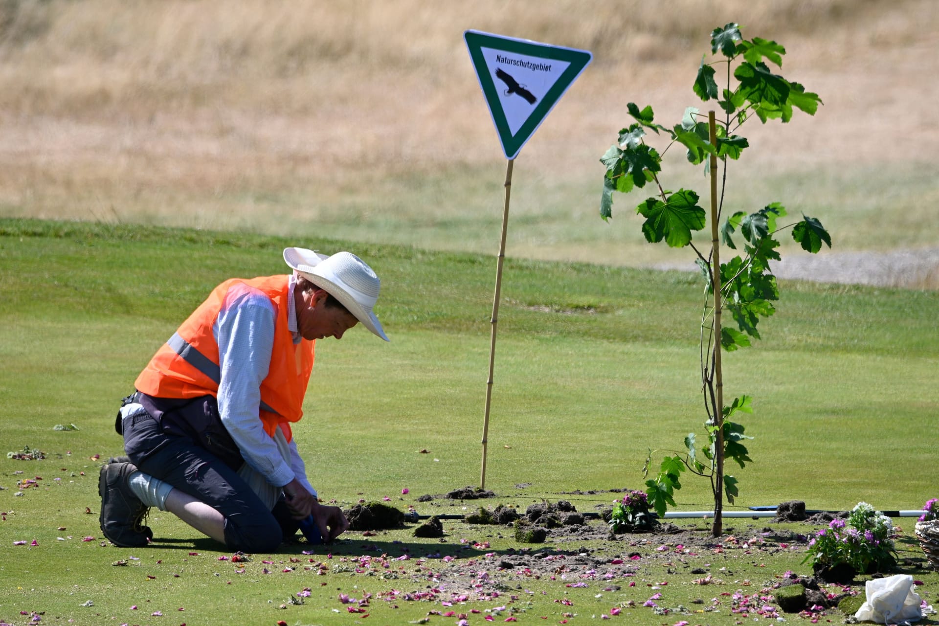 Ein Aktivist der "Letzten Generation": Unter anderem ein Bäumchen wurde auf dem Golfplatz gepflanzt.