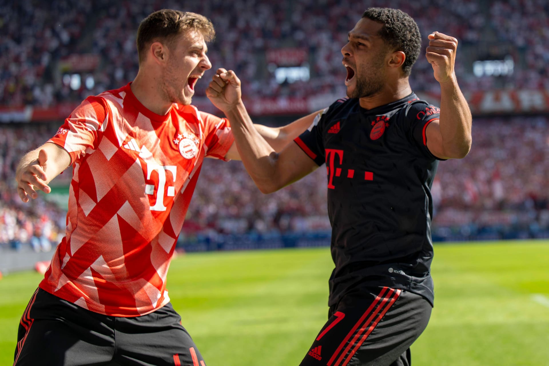 Bayerns Serge Gnabry (r.) und Josip Stanisic bejubeln den Siegtreffer zum 2:1 über den 1. FC Köln am letzten Bundesligaspieltag.