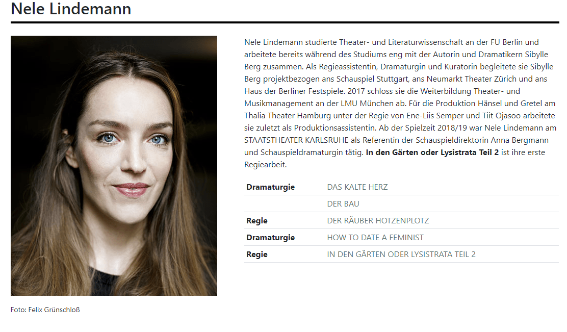 Auf der Website des Badischen Staatstheaters: Nele Lindemann
