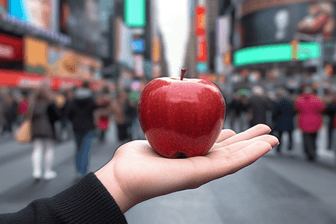 Weibliche Hand mit rotem Apfel in New York: Big Apple ist seit vielen Jahren ein fester Spitzname für die Metropole.