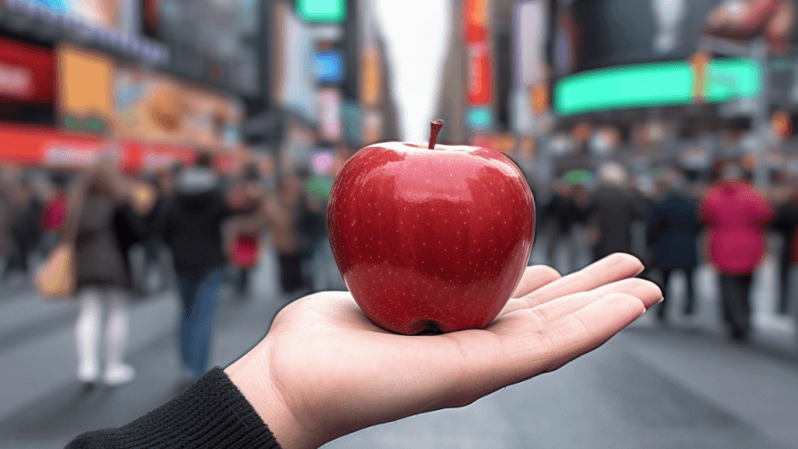 Weibliche Hand mit rotem Apfel in New York: Big Apple ist seit vielen Jahren ein fester Spitzname für die Metropole.