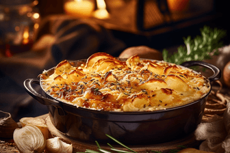Kartoffelgratin: Vegan zubereitet geben ihm Thymian, Senf und Knoblauch eine besondere Note.