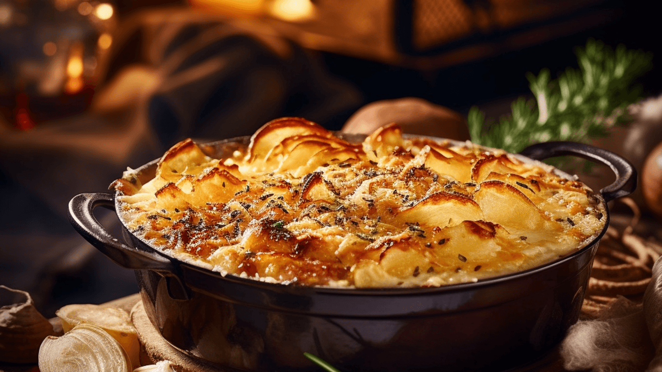 Kartoffelgratin: Vegan zubereitet geben ihm Thymian, Senf und Knoblauch eine besondere Note.