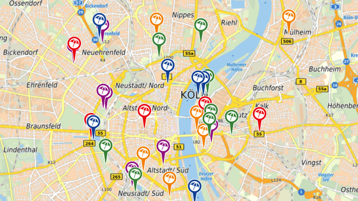 Die neue interaktive Karte der Stadt Köln (Screenshot): Hier können Kölner ihre kühlen Orte eintragen.