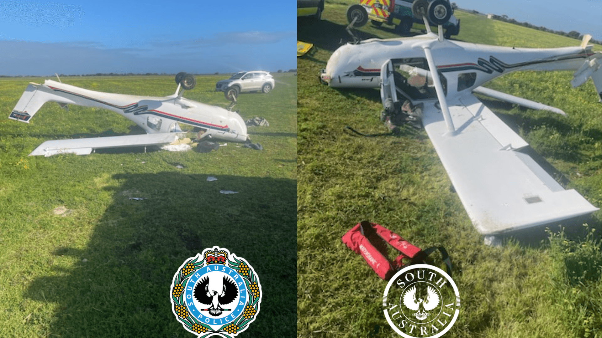 Fotos des verunfallten Flugzeugs: Der Zusammenstoß ereignete sich auf der dünnbesiedelten Halbinsel Yorke Peninsula im Südosten Australiens. Fotos des verunfallten Flugzeugs: Der Zusammenstoß ereignete sich auf der dünnbesiedelten Halbinsel Yorke Peninsula im Südosten Australiens.