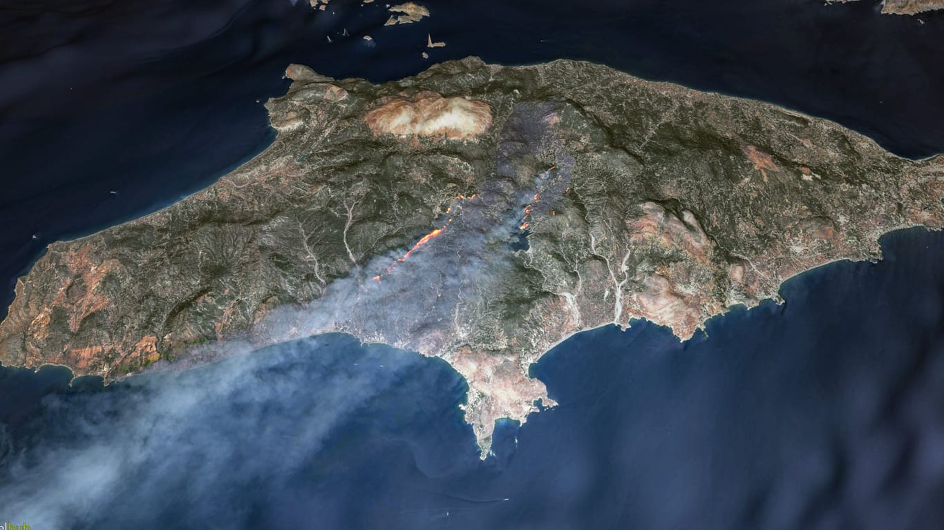 3D-Aufnahme der Insel Rhodos: Die Waldbrände wüten vor allem im Süden.