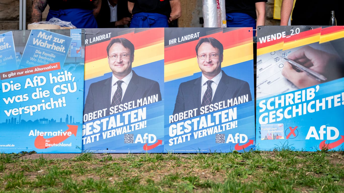 Plakate der AfD in Sonneberg: Robert Sesselmann hat die Wahl zum Landrat in dem Landkreis gewonnen.