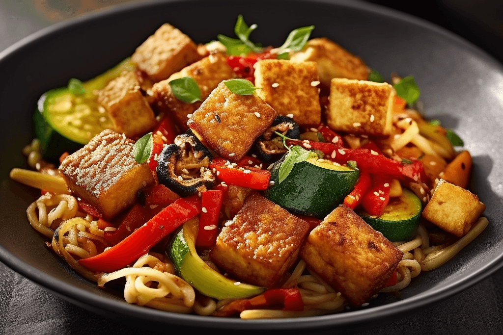 Gebratener Tofu mit Gemüse und Nudeln