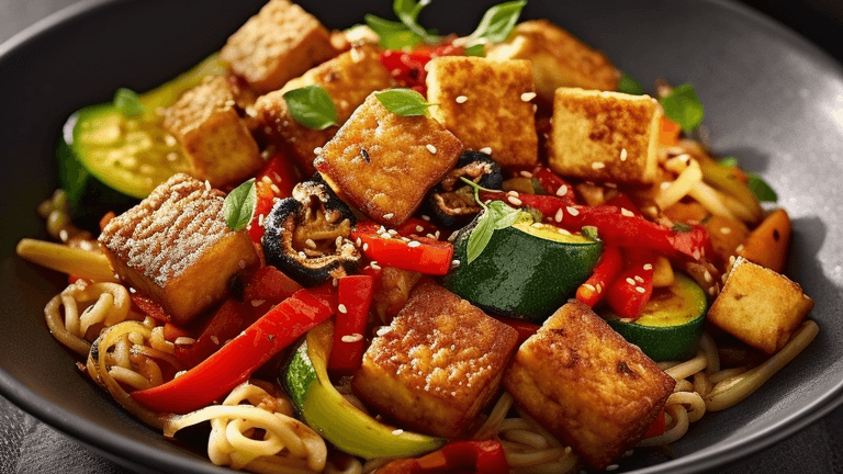 Gebratener Tofu, Gemüse und Nudeln: ein gesundes, veganes Gericht