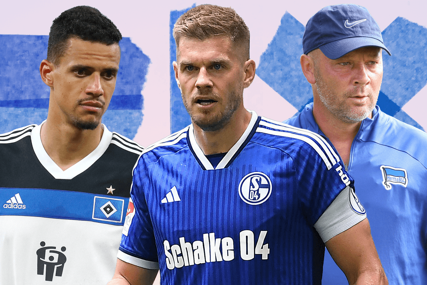 Hamburgs Robert Glatzel (l.), Schalkes Simon Terodde (m.) und Herthas Pál Dárdai: Alle drei Teams sind Teil des Aufstiegsrennens.