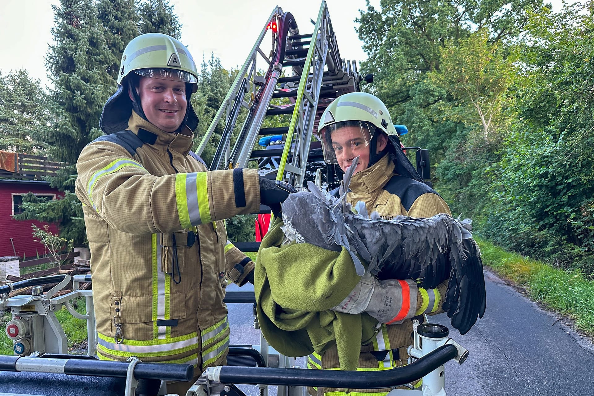 Ungewöhnlicher Einsatz: Die Feuerwehrleute Sascha Gerkens und Timm Freund bringen das erschöpfte Tier auf den Boden.