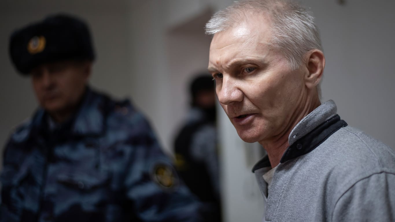 Alexej Moskaljow bei seinem Prozess Ende März 2023. Danach wurde er sofort in eine Strafkolonie gebracht.