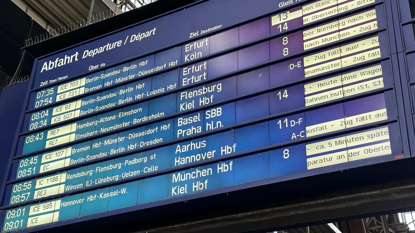 Die Anzeigetafel am Hamburger Hauptbahnhof lässt am Vormittag viele Reisende ratlos zurück.
