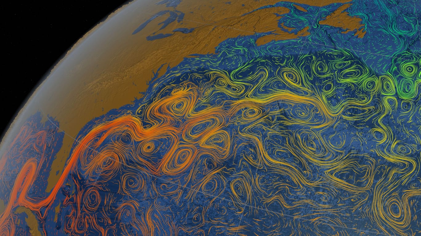 Visualisierung der Atlantikströmungen der Nasa: Die Umwälzsströmung im Atlantik wird immer schwächer.