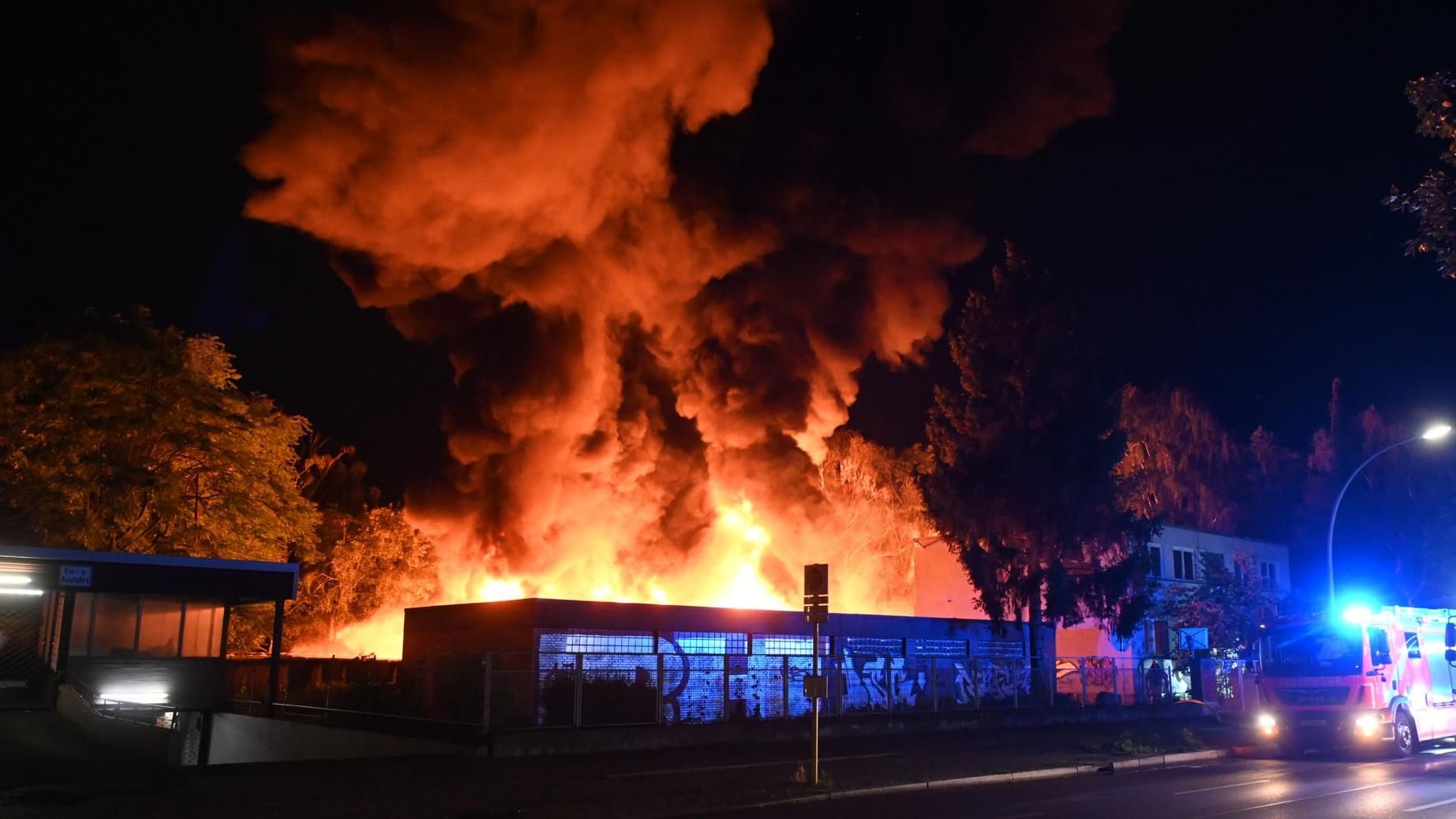 Meterhohe Flammen auf Firmengelände: Durch die Hitze wurde auch ein Gebäude auf dem Gelände beschädigt.