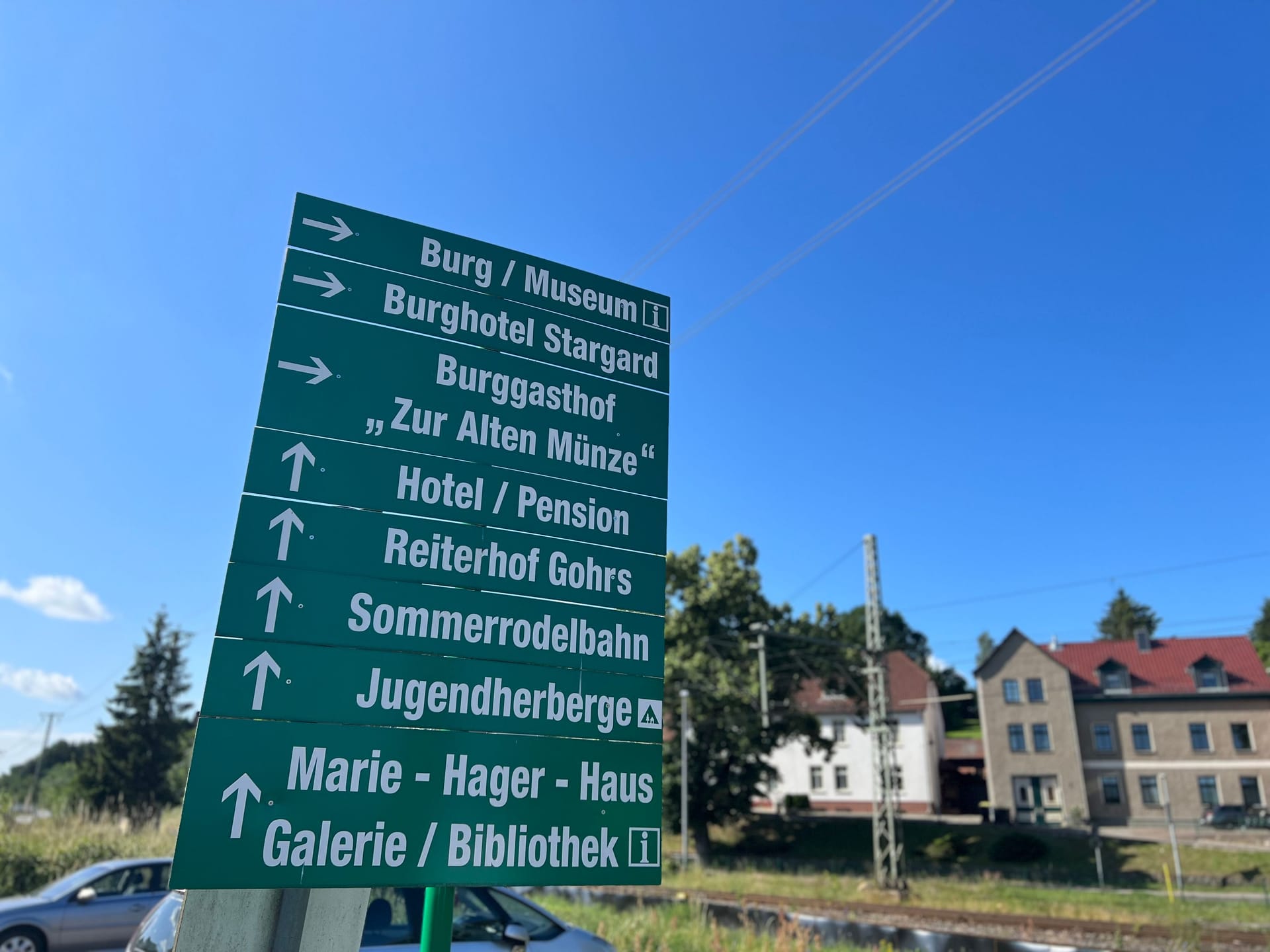 Wegweiser in Burg Stargard: Der Ort hat durchaus attraktive Orte: Die Burg, das Maria-Hager-Haus mit Ausstellung und Bibliothek, eine Sommerrodelbahn und einen Reiterhof.