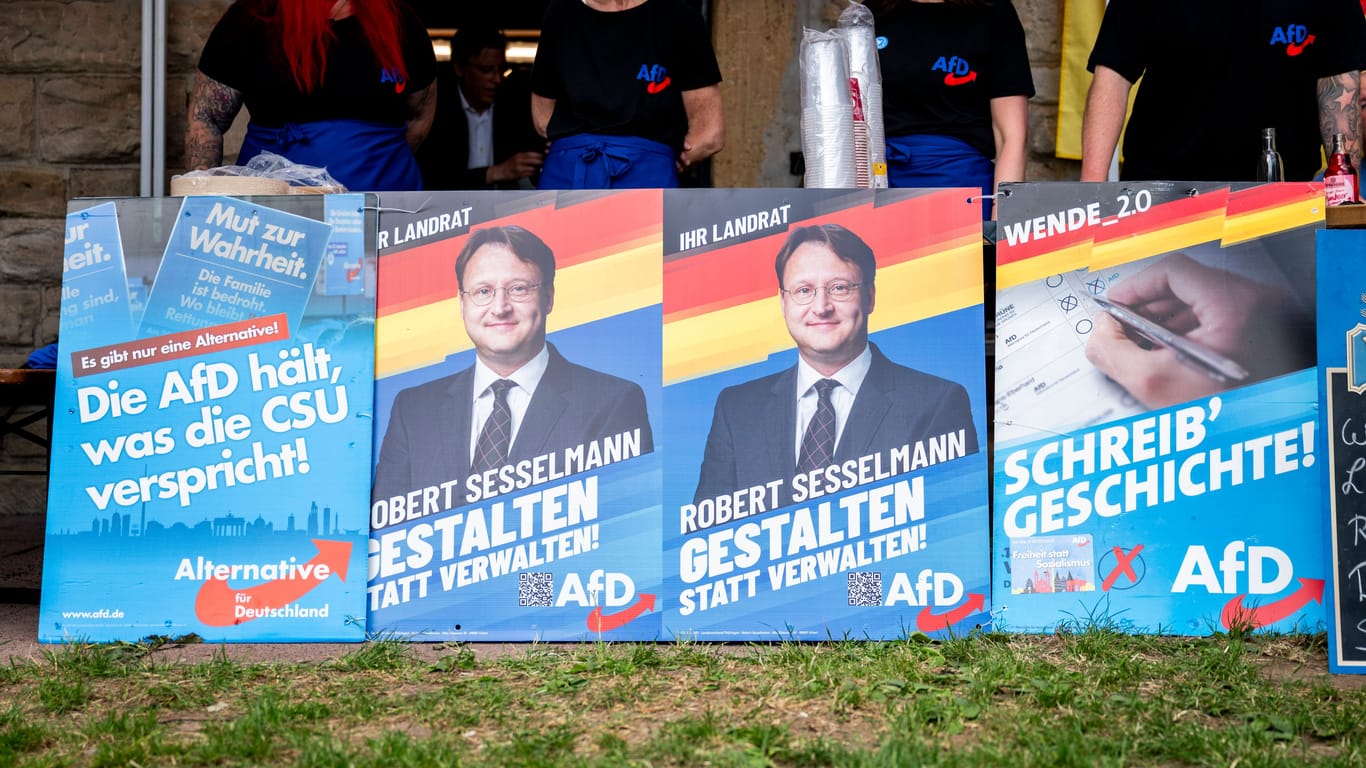 Wahlplakate der AfD im Landkreis Sonneberg (Archivbild): Erstmals stellt die Partei nun einen Landrat und einen Bürgermeister, doch viele Menschen im Land sehen sie als demokratiefeindlich an.