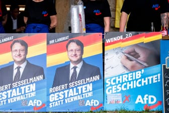 Wahlplakate der AfD im Landkreis Sonneberg (Archivbild): Erstmals stellt die Partei nun einen Landrat und einen Bürgermeister, doch viele Menschen im Land sehen sie als demokratiefeindlich an.
