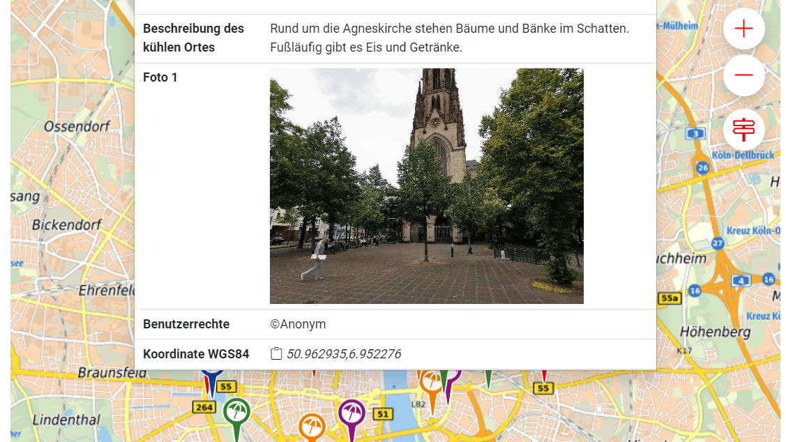 Der Platz vor der Agneskirche wurde auf der Karte markiert.