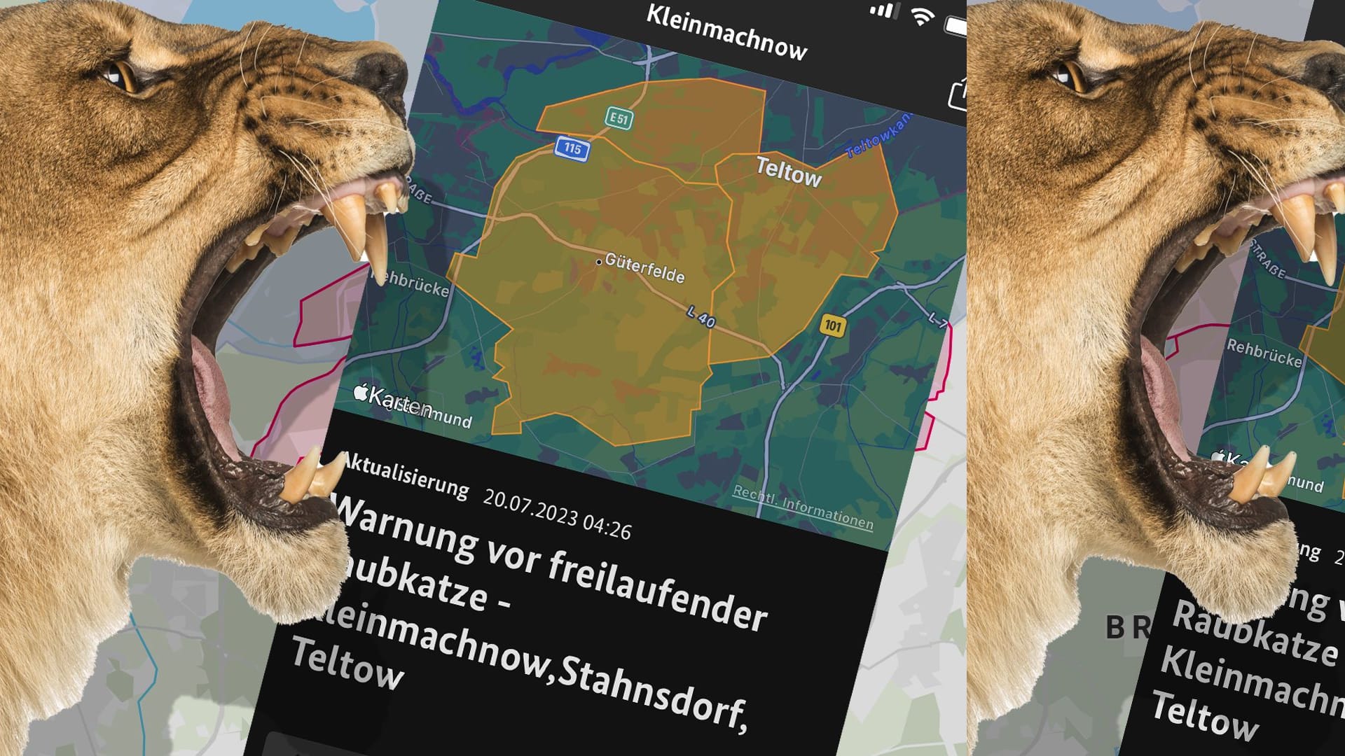 Löwin unterwegs: Eine solche Warnmeldung für gefährliche Raubtiere ist in Deutschland den Leitstellen für Meldungen in Apps nicht hinterlegt.