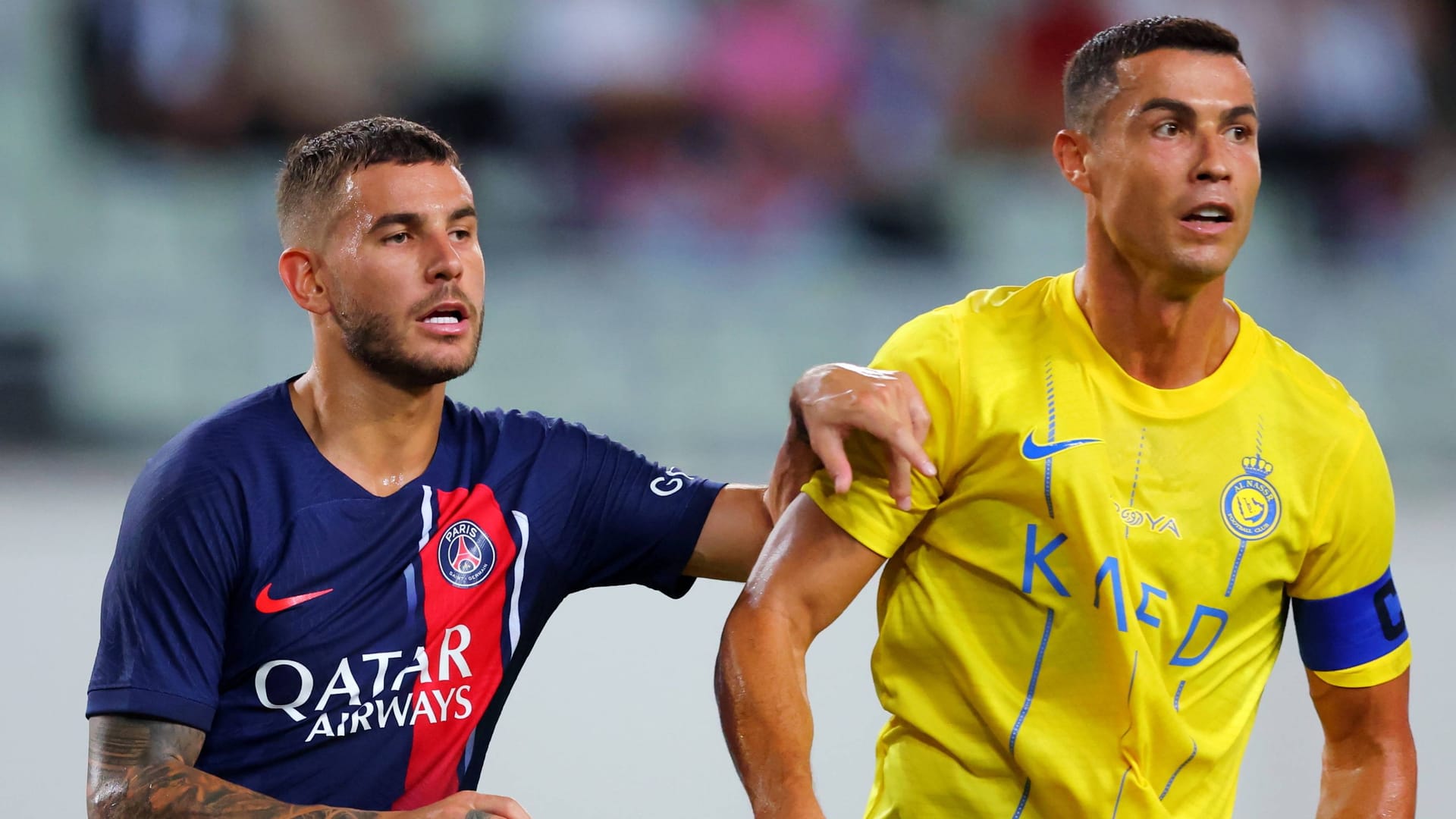 Lucas Hernández (l.) und Cristiano Ronaldo: Sie trafen kürzlich in einem Testspiel aufeinander.