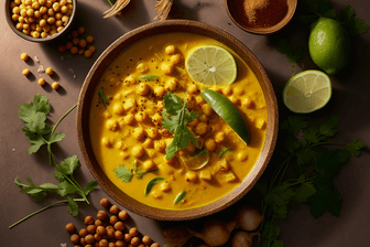 Veganer Gaumenschmaus: Mit diesem cremigen Kichererbsen-Curry mit Kokosmilch holen Sie sich indische Aromen auf den Teller.