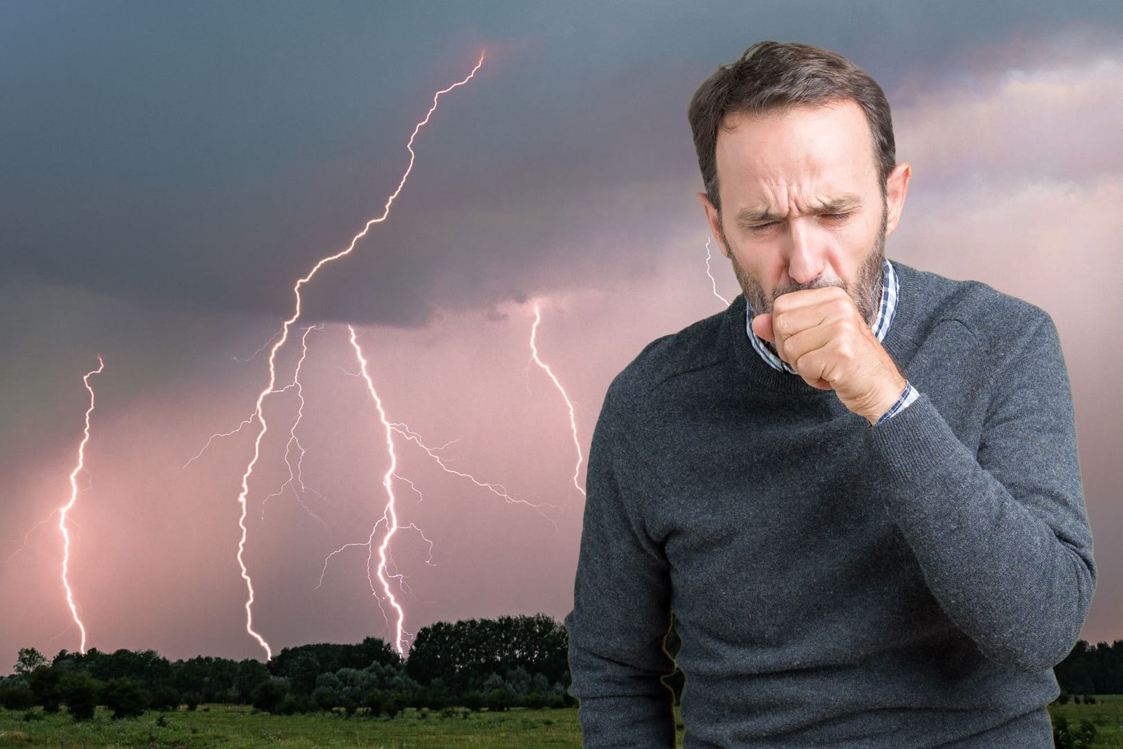 Ein hustender Mann vor einem Gewitter (Collage)