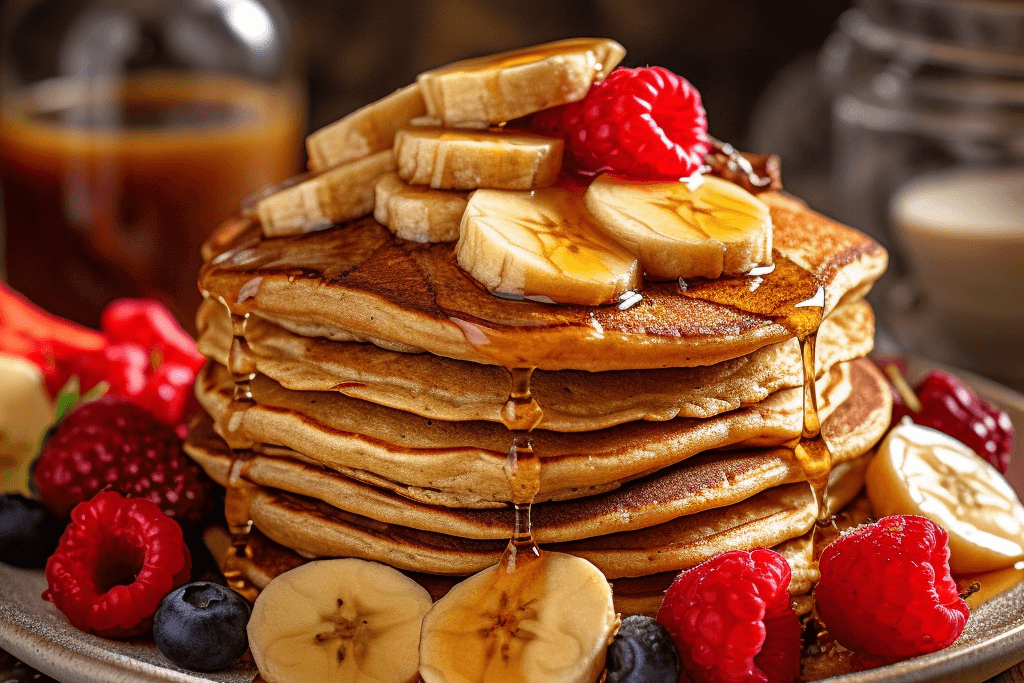 Vegane Bananen-Pancakes können Sie mit Früchten wie Himbeeren und Blaubeeren wunderbar dekorieren.