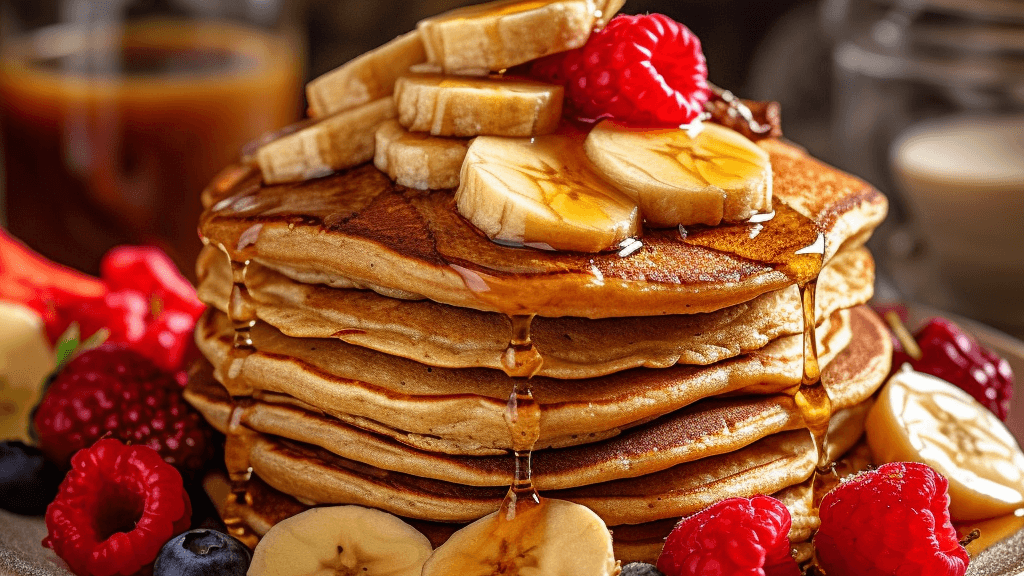 Vegane Bananen-Pancakes können Sie mit Früchten wie Himbeeren und Blaubeeren wunderbar dekorieren.