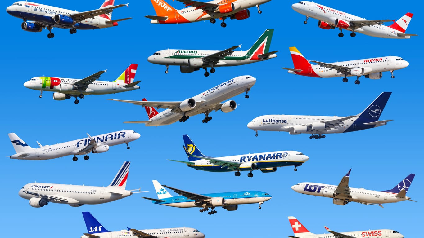 Collage verschiedener Airlines: Besonders deutsche Airlines starten häufig zu spät.