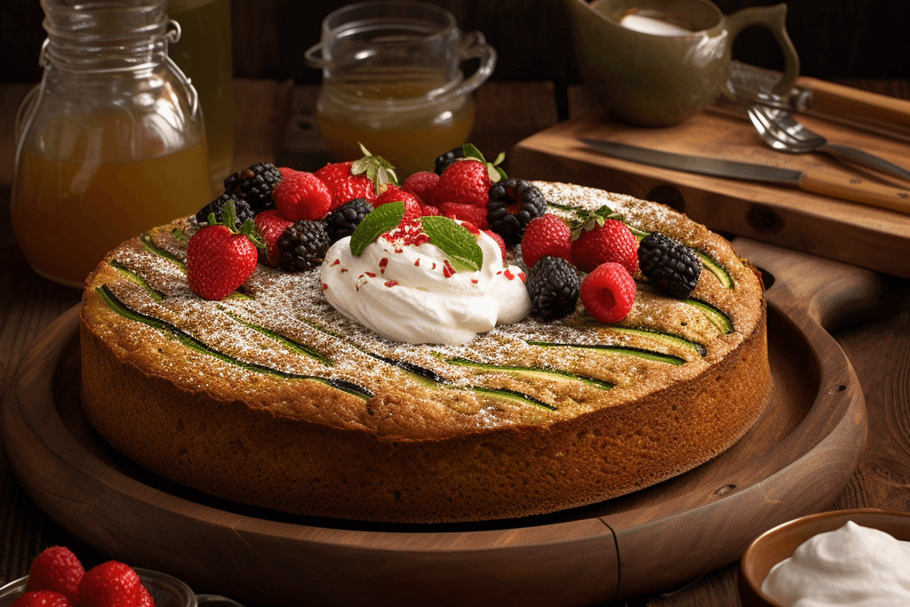 Veganer Zucchini-Kuchen: Mit Beeren, Sahne und etwas Puderzucker garniert ein echter Hingucker auf dem Kaffeetisch.