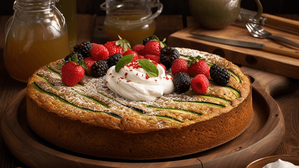 Veganer Zucchini-Kuchen: Mit Beeren, Sahne und etwas Puderzucker garniert ein echter Hingucker auf dem Kaffeetisch.