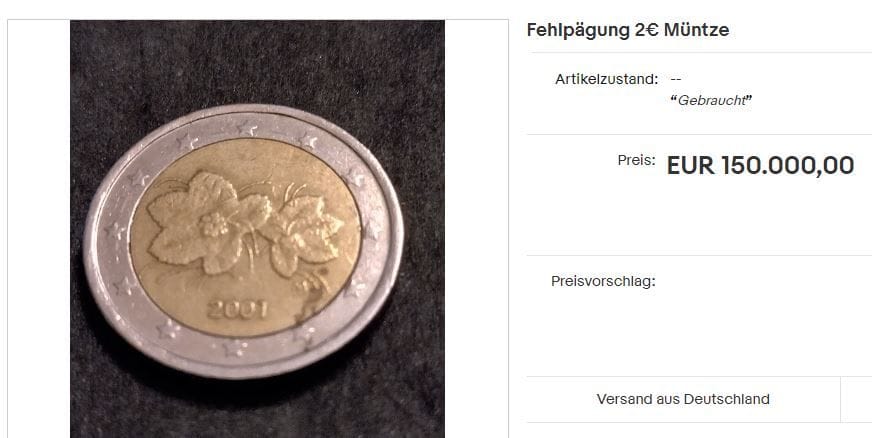Eine finnische 2-Euro-Münze. Es handelt sich um eine Fehlprägung, für die der Anbieter 150.000 Euro verlangt.